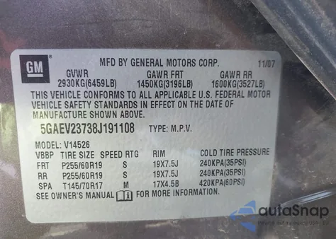 2008 Buick Enclave Cxl from USA, damaged, VIN 5GAEV23738J191108